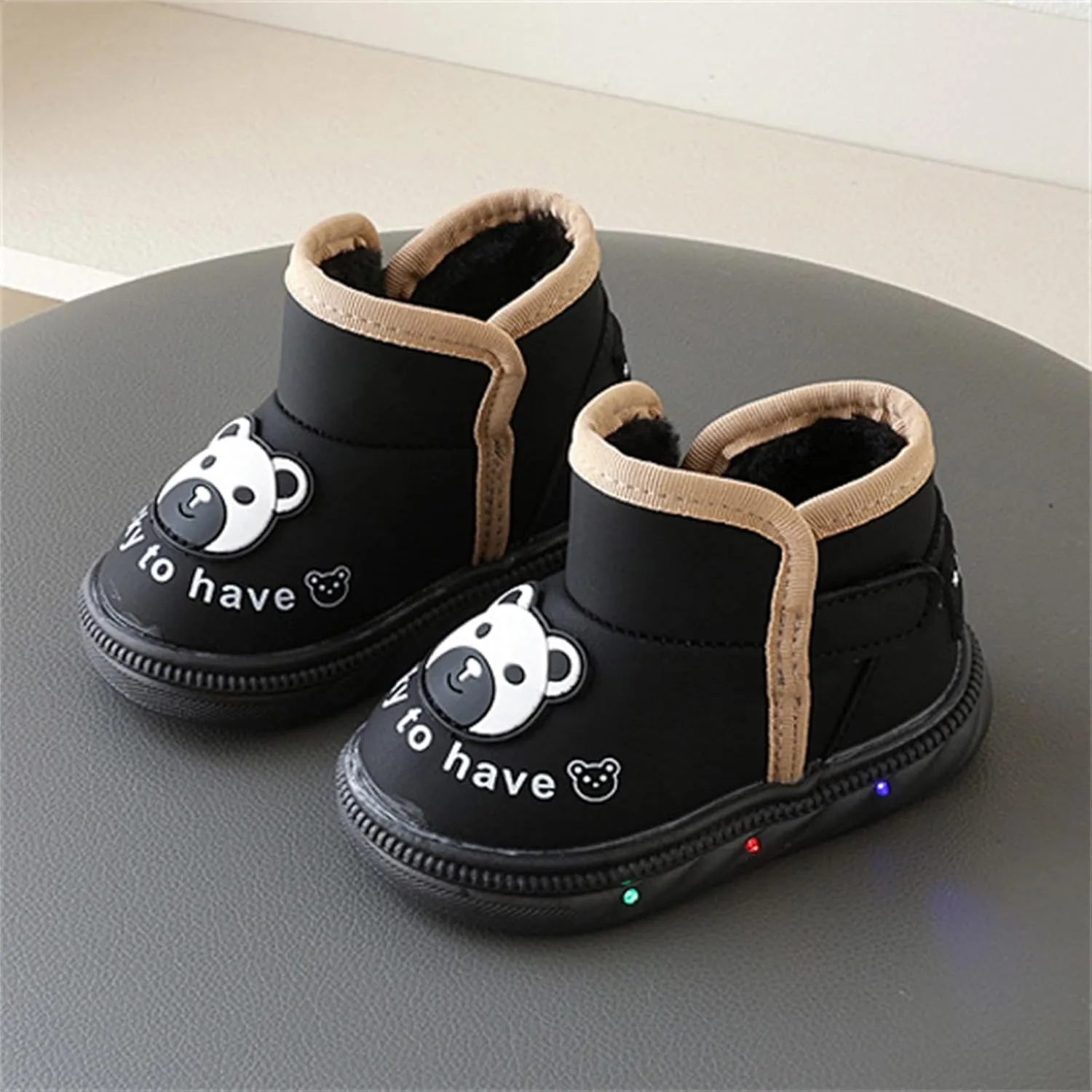 Baby Infant Boys Girls Booties Bear Light Up Glitter Fuzzy Shoes Boots Winter Outdoor First Walking Non Slip Shoes