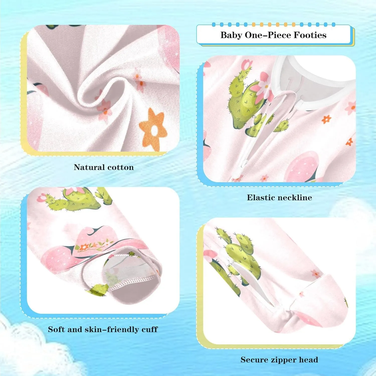 Cowboy Hat Cactus Horseshoes Pink Baby Girl Boy Sleeper Newborn Baby Play One Piece Footie Infant Romper, 0-24 Months
