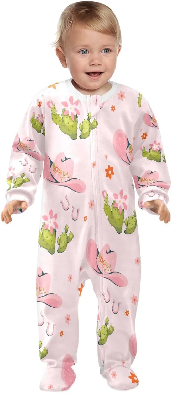 Cowboy Hat Cactus Horseshoes Pink Baby Girl Boy Sleeper Newborn Baby Play One Piece Footie Infant Romper, 0-24 Months