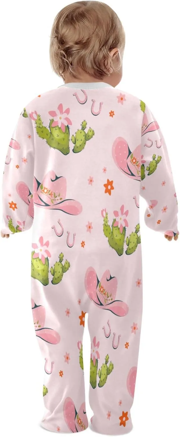 Cowboy Hat Cactus Horseshoes Pink Baby Girl Boy Sleeper Newborn Baby Play One Piece Footie Infant Romper, 0-24 Months