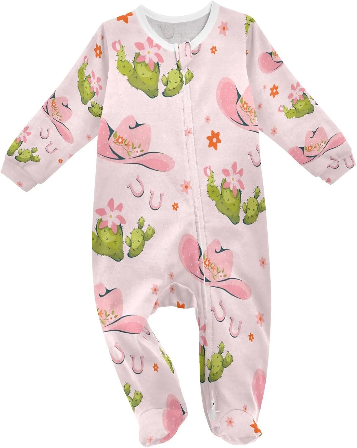 Cowboy Hat Cactus Horseshoes Pink Baby Girl Boy Sleeper Newborn Baby Play One Piece Footie Infant Romper, 0-24 Months