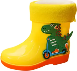 Unisex Child Fleece Lined Waterproof Rain Boots Cute Dinosaur Cartoon Lightweight Toddler Winter Rubber Boots