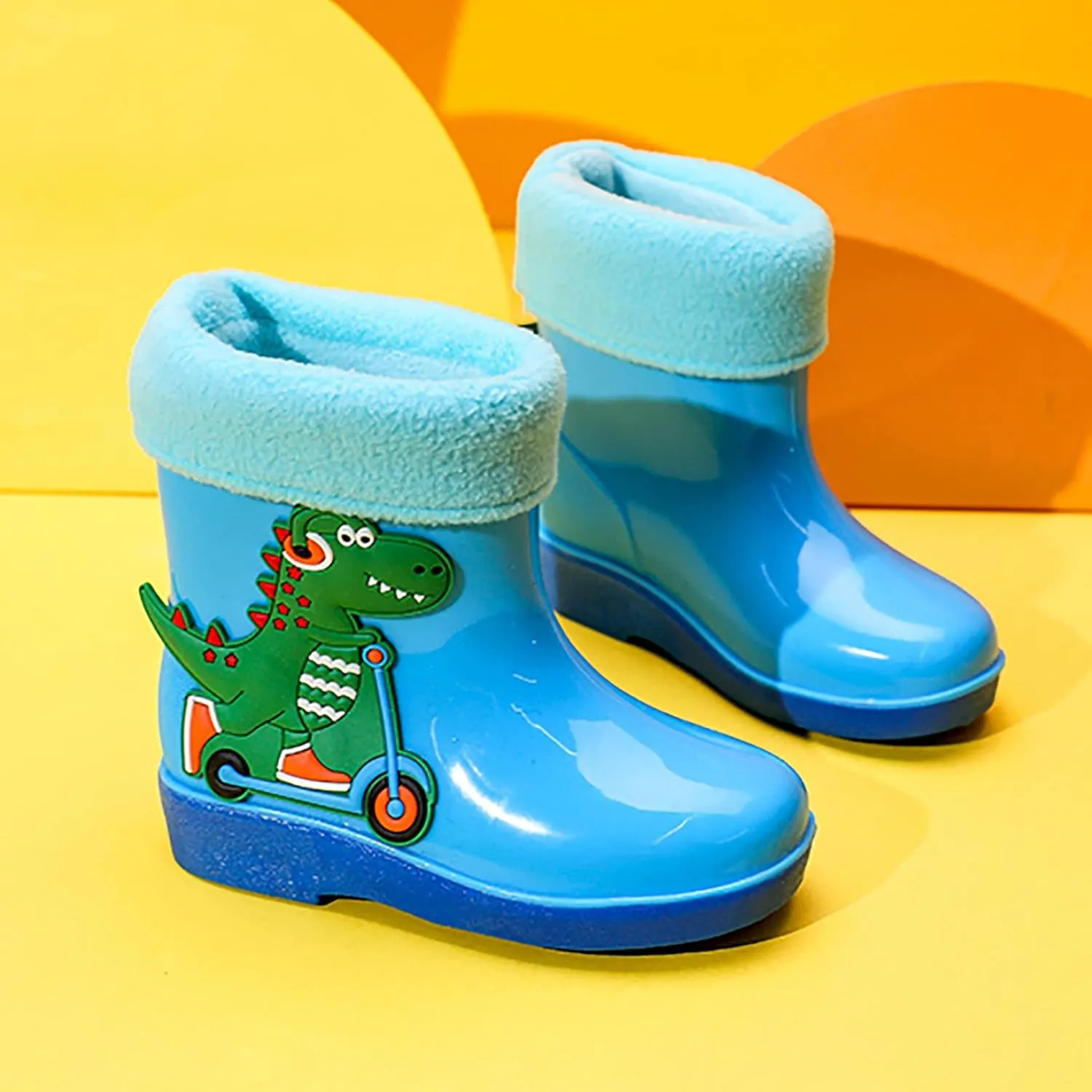 Unisex Child Fleece Lined Waterproof Rain Boots Cute Dinosaur Cartoon Lightweight Toddler Winter Rubber Boots
