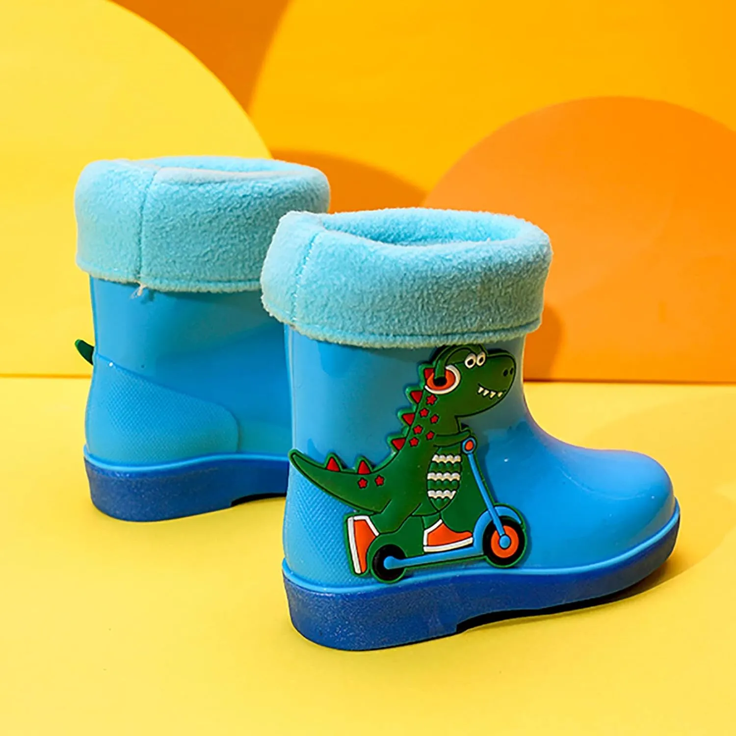 Unisex Child Fleece Lined Waterproof Rain Boots Cute Dinosaur Cartoon Lightweight Toddler Winter Rubber Boots