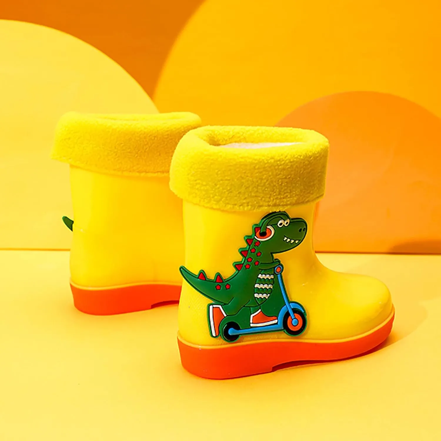 Unisex Child Fleece Lined Waterproof Rain Boots Cute Dinosaur Cartoon Lightweight Toddler Winter Rubber Boots