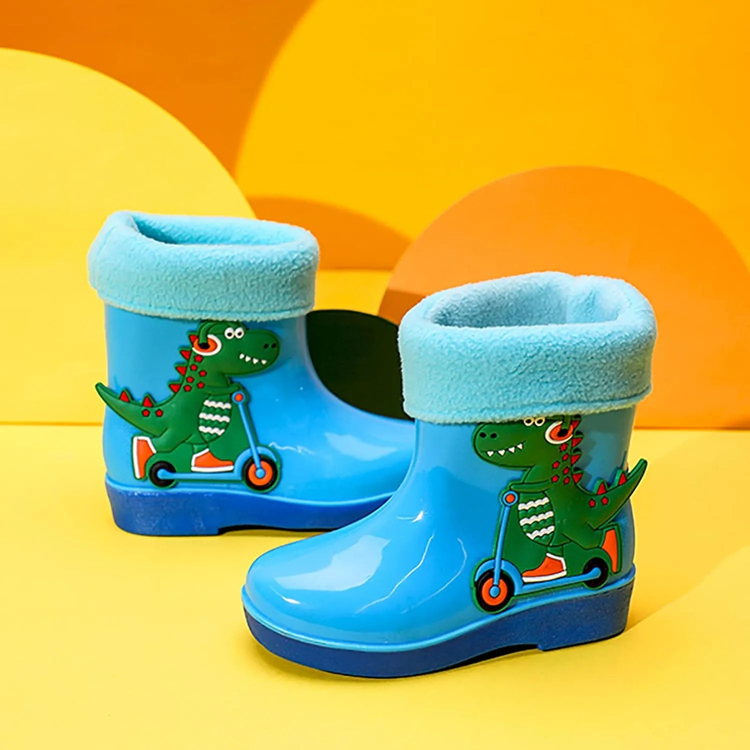 Unisex Child Fleece Lined Waterproof Rain Boots Cute Dinosaur Cartoon Lightweight Toddler Winter Rubber Boots