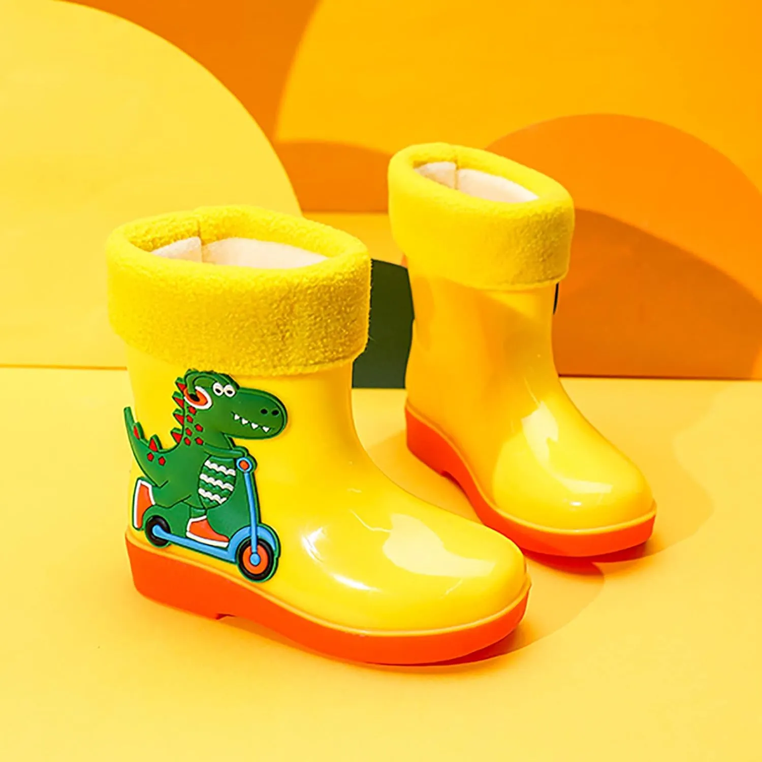 Unisex Child Fleece Lined Waterproof Rain Boots Cute Dinosaur Cartoon Lightweight Toddler Winter Rubber Boots