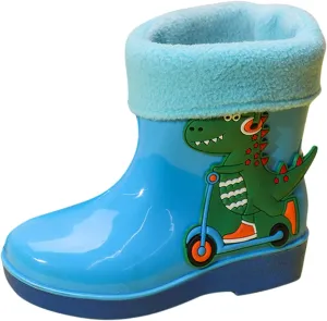 Unisex Child Fleece Lined Waterproof Rain Boots Cute Dinosaur Cartoon Lightweight Toddler Winter Rubber Boots