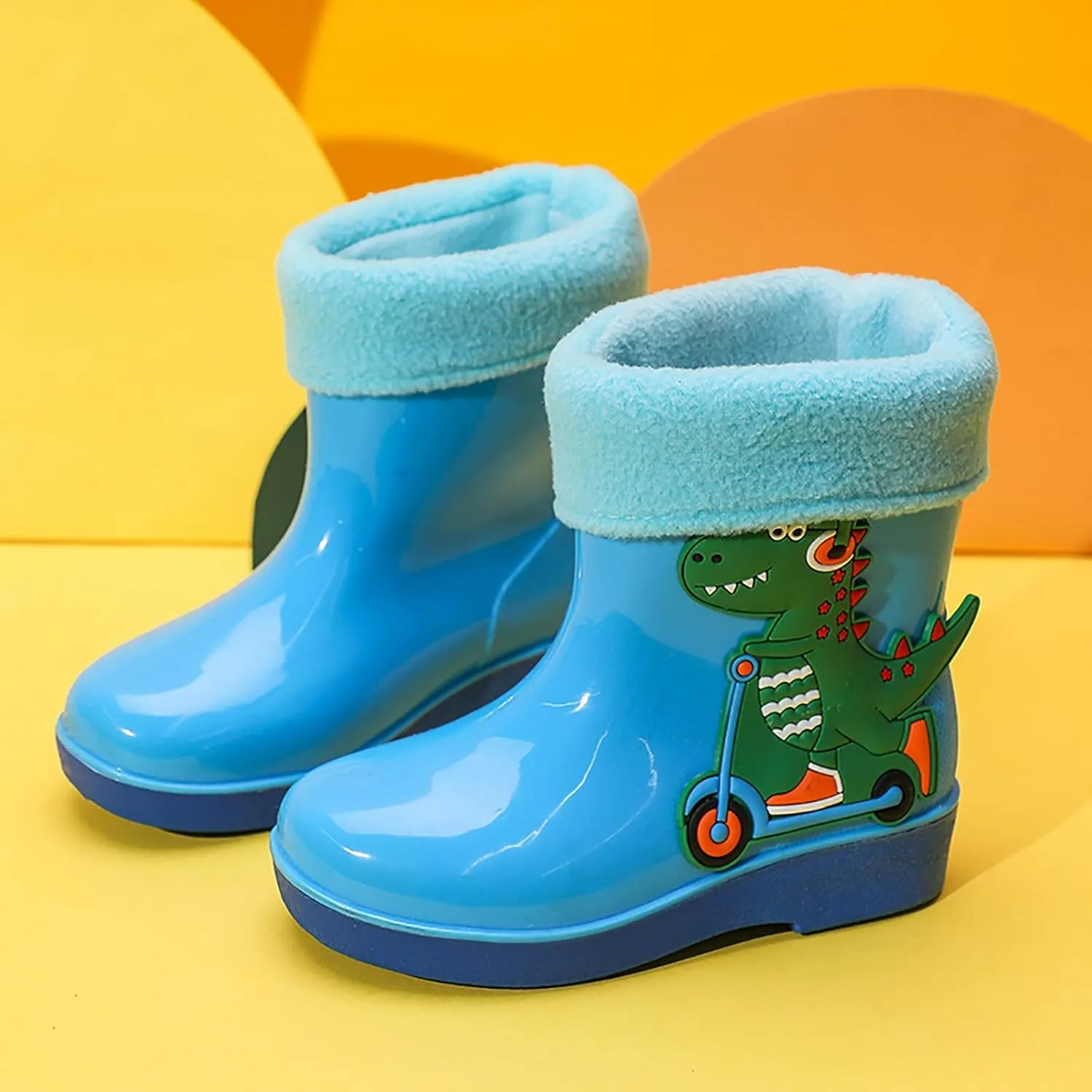Unisex Child Fleece Lined Waterproof Rain Boots Cute Dinosaur Cartoon Lightweight Toddler Winter Rubber Boots